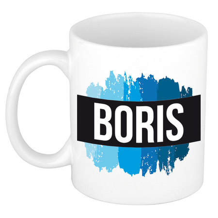 Naam cadeau mok / beker Boris met blauwe verfstrepen 300 ml