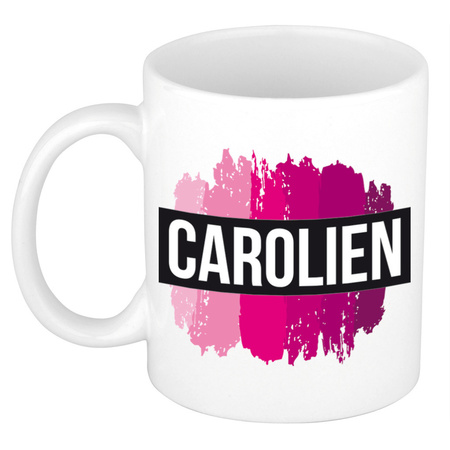 Name mug Carolien  with pink paint marks  300 ml