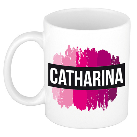 Naam cadeau mok / beker Catharina  met roze verfstrepen 300 ml