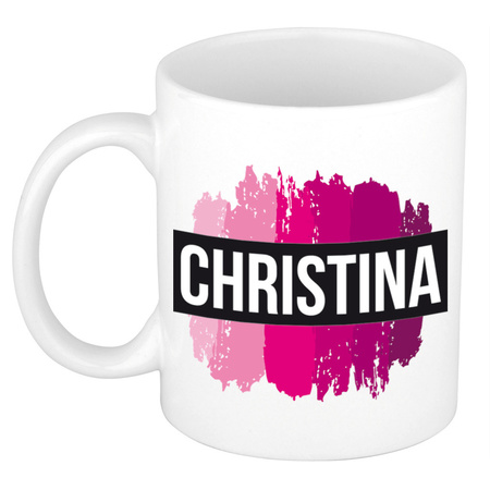 Naam cadeau mok / beker Christina  met roze verfstrepen 300 ml
