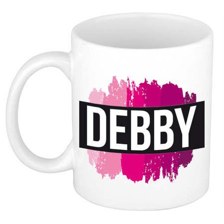 Naam cadeau mok / beker Debby  met roze verfstrepen 300 ml