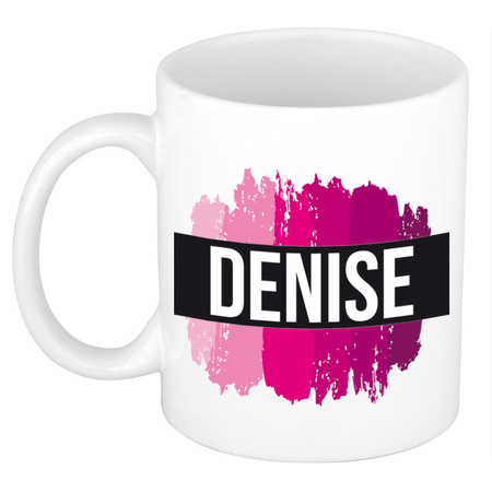 Naam cadeau mok / beker Denise  met roze verfstrepen 300 ml
