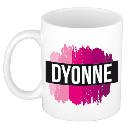 Naam cadeau mok / beker Dyonne  met roze verfstrepen 300 ml