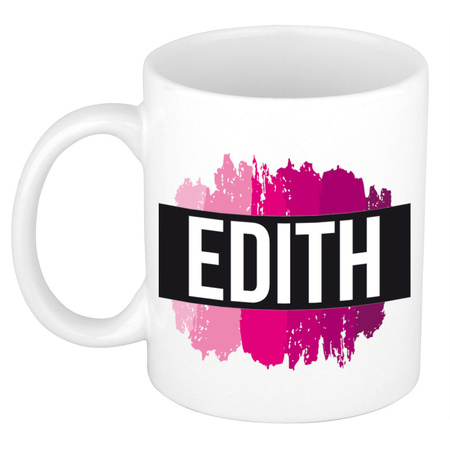 Naam cadeau mok / beker Edith  met roze verfstrepen 300 ml
