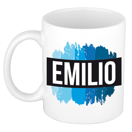 Naam cadeau mok / beker Emilio met blauwe verfstrepen 300 ml