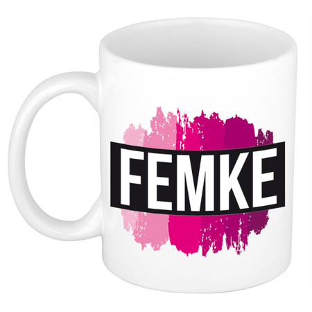 Naam cadeau mok / beker Femke  met roze verfstrepen 300 ml
