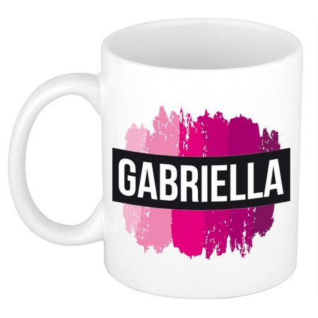 Naam cadeau mok / beker Gabriella  met roze verfstrepen 300 ml