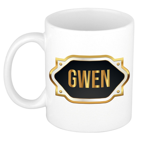 Naam cadeau mok / beker Gwen met gouden embleem 300 ml