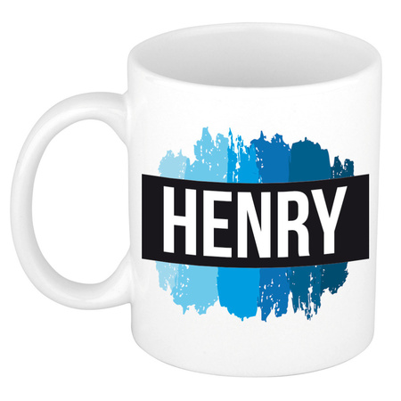 Naam cadeau mok / beker Henry met blauwe verfstrepen 300 ml