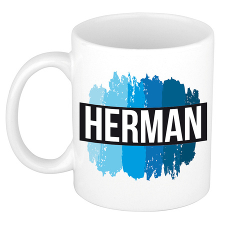 Naam cadeau mok / beker Herman met blauwe verfstrepen 300 ml