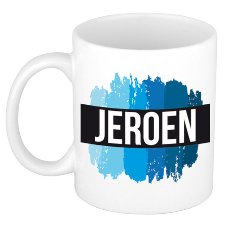 Name mug Jeroen with blue paint marks  300 ml