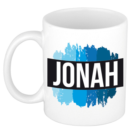 Naam cadeau mok / beker Jonah met blauwe verfstrepen 300 ml