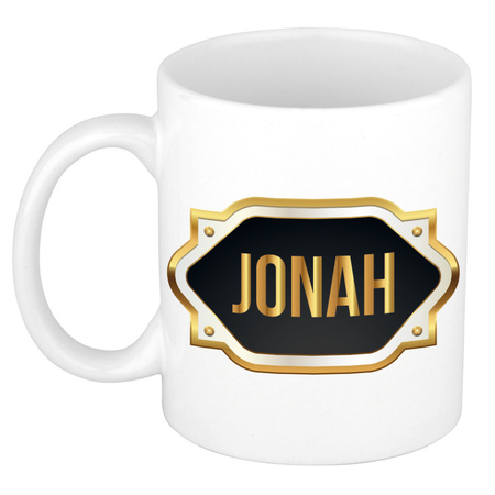 Naam cadeau mok / beker Jonah met gouden embleem 300 ml