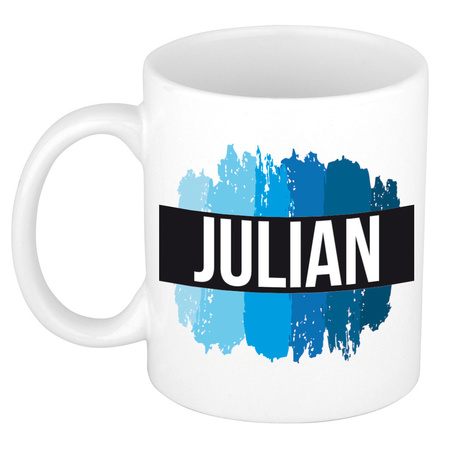 Naam cadeau mok / beker Julian met blauwe verfstrepen 300 ml