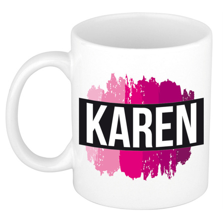 Naam cadeau mok / beker Karen  met roze verfstrepen 300 ml