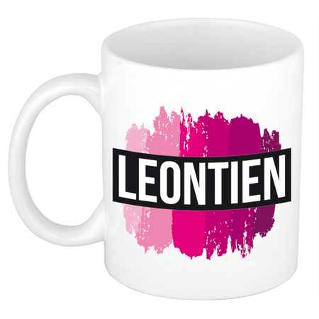 Name mug Leontien  with pink paint marks  300 ml