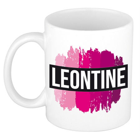 Naam cadeau mok / beker Leontine  met roze verfstrepen 300 ml