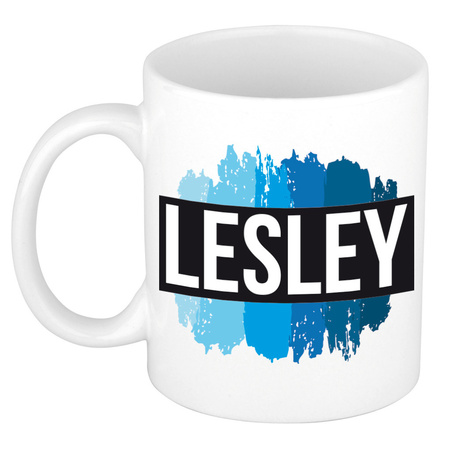 Name mug Lesley with blue paint marks  300 ml