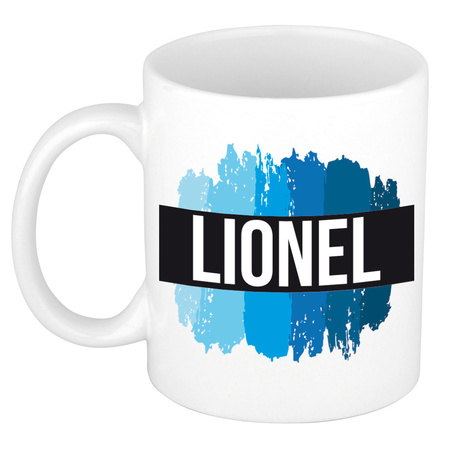 Name mug Lionel with blue paint marks  300 ml