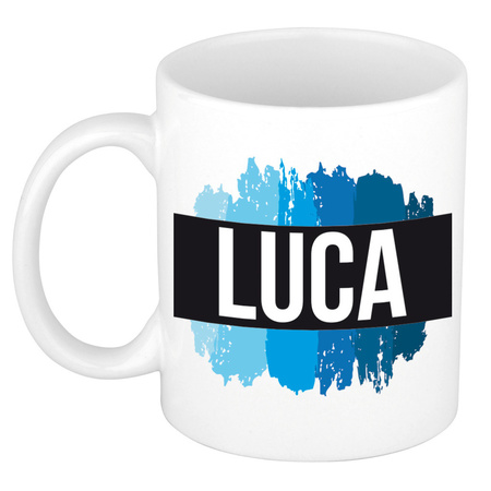 Naam cadeau mok / beker Luca met blauwe verfstrepen 300 ml