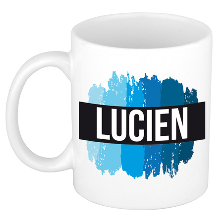 Naam cadeau mok / beker Lucien met blauwe verfstrepen 300 ml