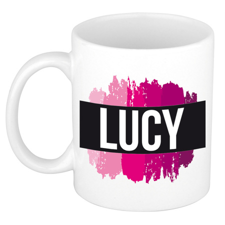 Naam cadeau mok / beker Lucy  met roze verfstrepen 300 ml