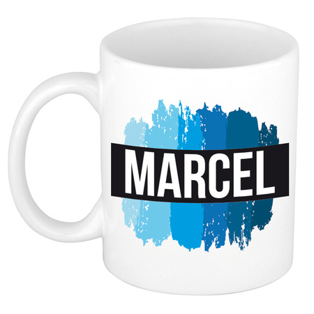 Naam cadeau mok / beker Marcel met blauwe verfstrepen 300 ml