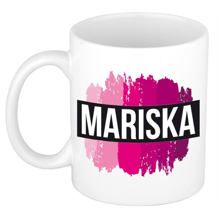 Naam cadeau mok / beker Mariska  met roze verfstrepen 300 ml