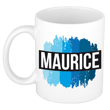 Naam cadeau mok / beker Maurice met blauwe verfstrepen 300 ml