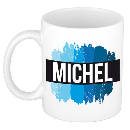 Naam cadeau mok / beker Michel met blauwe verfstrepen 300 ml