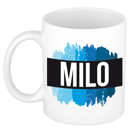 Naam cadeau mok / beker Milo met blauwe verfstrepen 300 ml