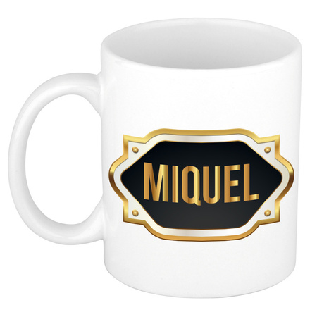 Name mug Miquel with golden emblem 300 ml