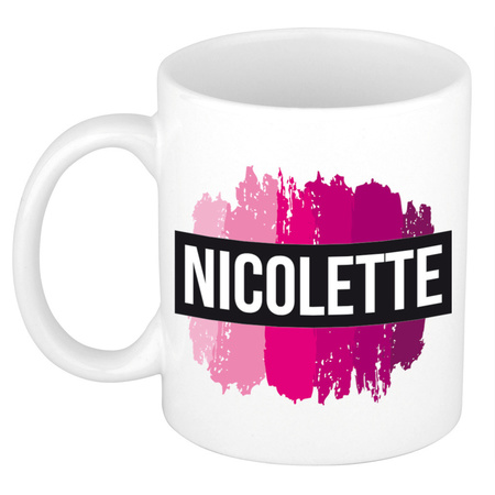 Naam cadeau mok / beker Nicolette  met roze verfstrepen 300 ml