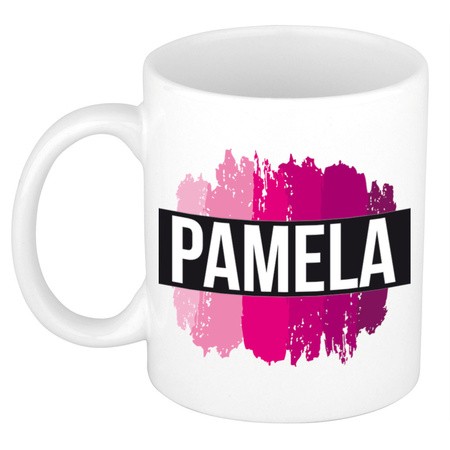 Name mug Pamela  with pink paint marks  300 ml