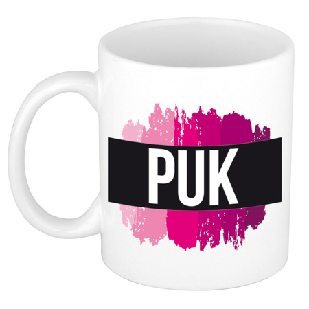 Naam cadeau mok / beker Puk  met roze verfstrepen 300 ml