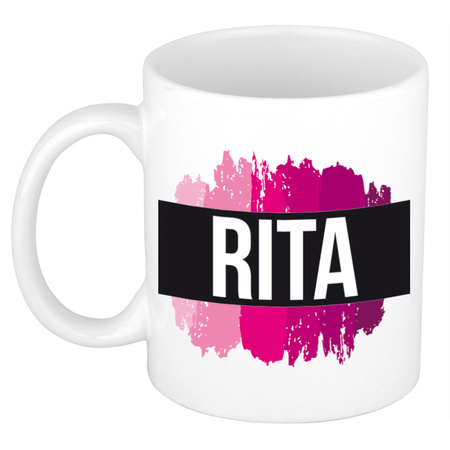 Naam cadeau mok / beker Rita  met roze verfstrepen 300 ml