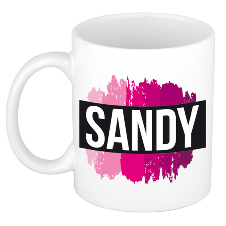 Name mug Sandy  with pink paint marks  300 ml