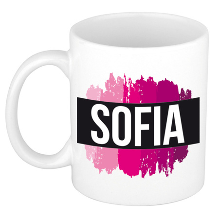 Naam cadeau mok / beker Sofia  met roze verfstrepen 300 ml