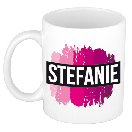 Name mug Stefanie  with pink paint marks  300 ml