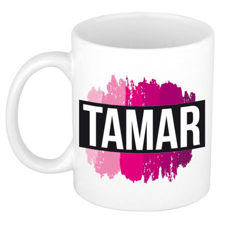 Naam cadeau mok / beker Tamar  met roze verfstrepen 300 ml