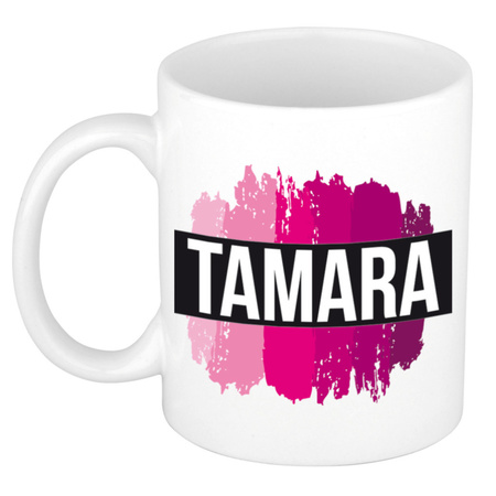 Naam cadeau mok / beker Tamara  met roze verfstrepen 300 ml