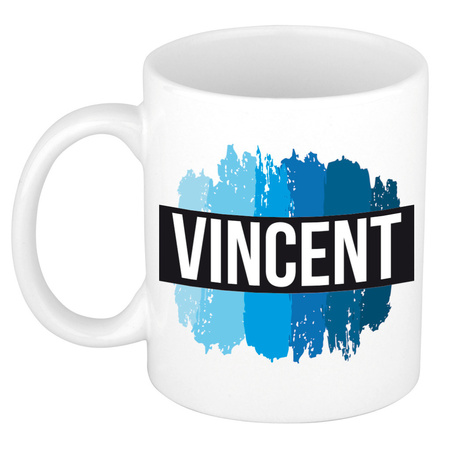 Name mug Vincent with blue paint marks  300 ml