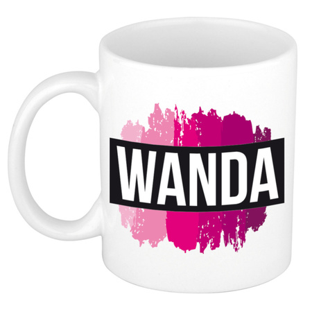 Naam cadeau mok / beker Wanda  met roze verfstrepen 300 ml