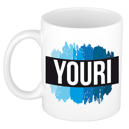 Name mug Youri with blue paint marks  300 ml