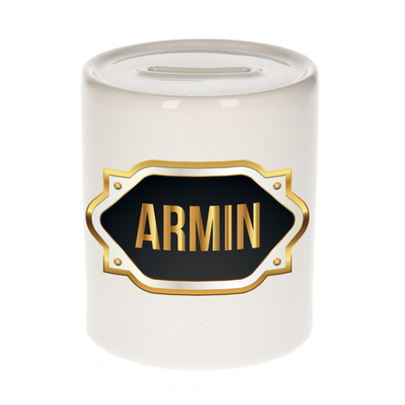 Naam cadeau spaarpot Armin met gouden embleem