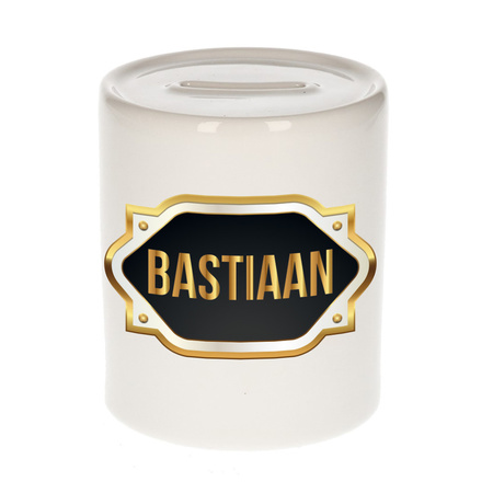 Naam cadeau spaarpot Bastiaan met gouden embleem