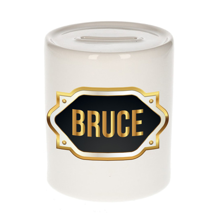 Naam cadeau spaarpot Bruce met gouden embleem