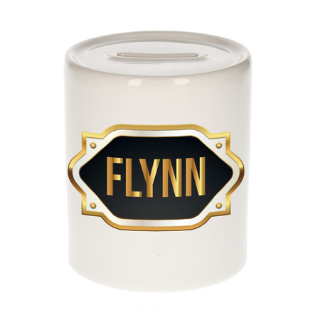 Naam cadeau spaarpot Flynn met gouden embleem