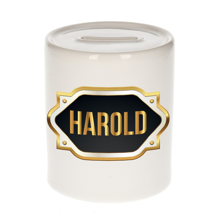 Naam cadeau spaarpot Harold met gouden embleem