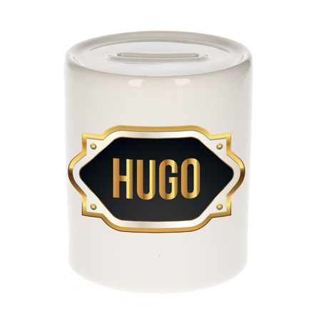 Naam cadeau spaarpot Hugo met gouden embleem
